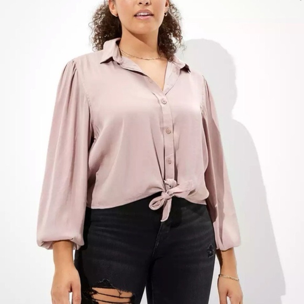 American Eagle Mauve Balloon Sleeve Tie Front Button Down Blouse Large